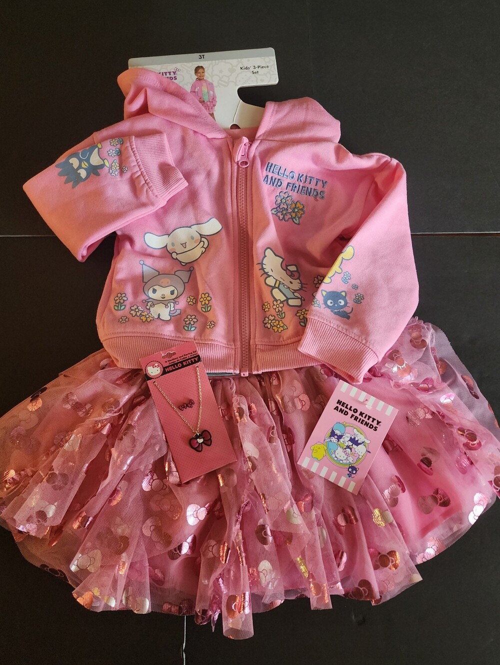New, Girls 3 PC Set S-3 Pink Hello Kitty,Tutu, Hoodie&T-shirt,/Necklace/Earrings